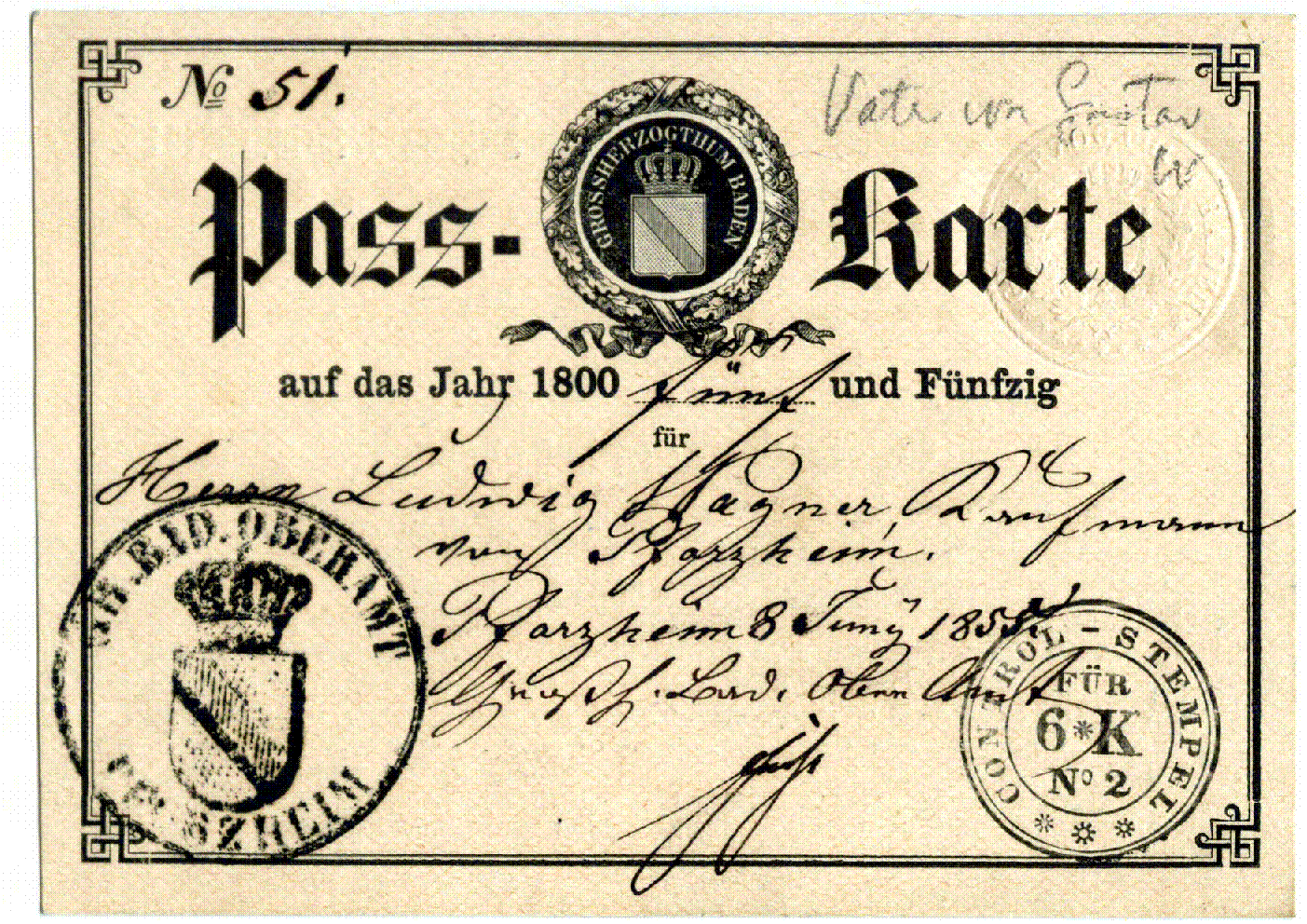 Passkarte f. Ludwig Wagner